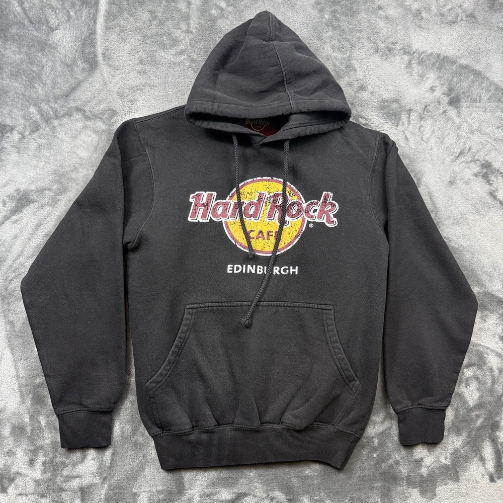 Hard Rock Cafe Hoodie Mens Medium Black Edinburgh Graphic Pullover Distressed
